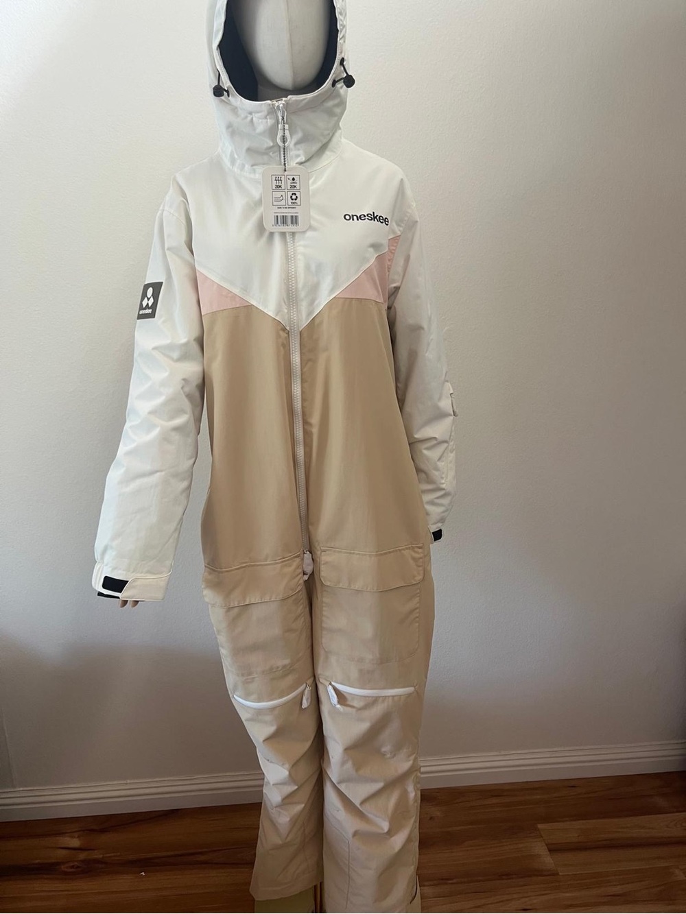 Women's White, Beige & Pink Insulated Ski Jumpsuit